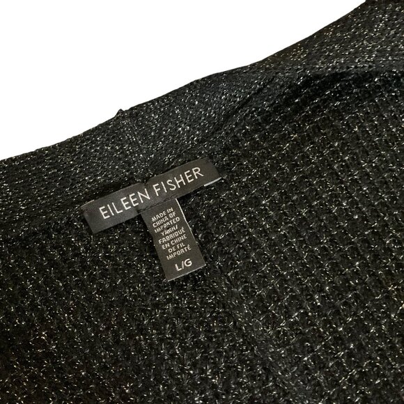 Eileen Fisher Metallic Black Open knit cardigan sweater holiday large NWOT wool - Picture 3 of 7